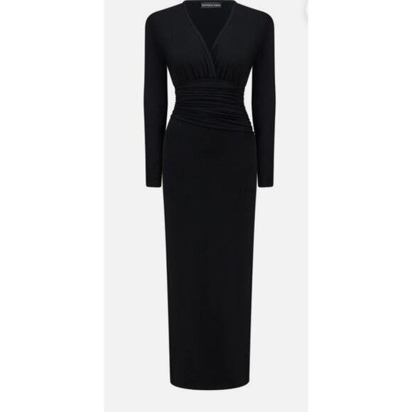 Zara Dresses & Skirts - ZARA BLACK LONG GATHERED WAIST V-NECK KNIT DRESS WITH SHOULDER PADS S A005697